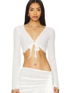 lovewave The Lenai Knit Top in White crop long bell sleeve tie